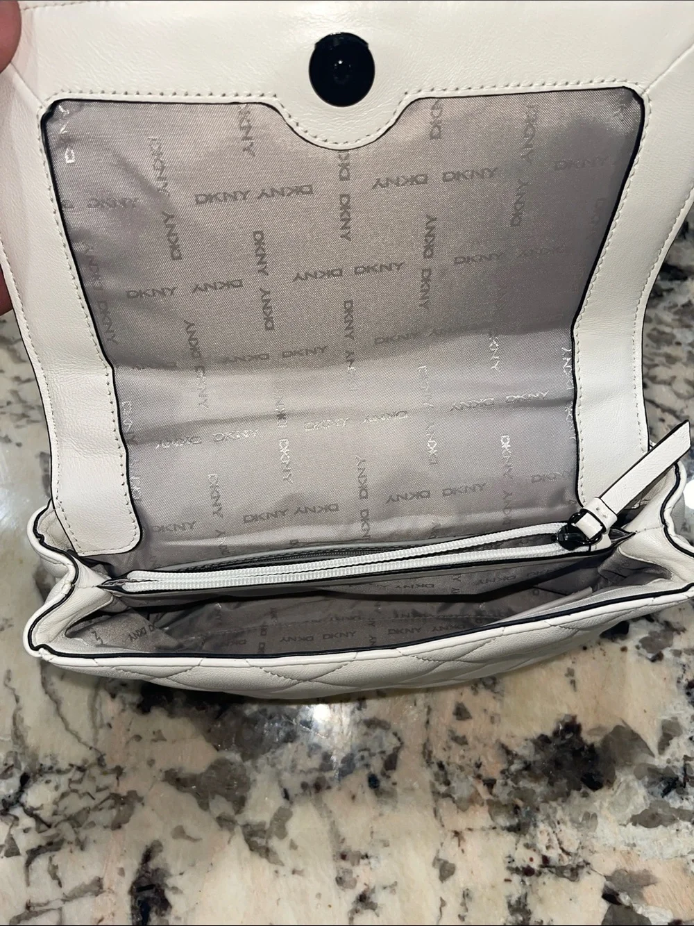 DKNY White Quilted Leather Crossbody with Black Chain Strap